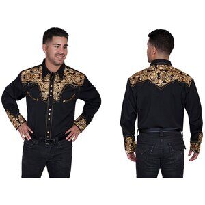 Scully Western Shirt Mens Snap Embroidered Size XS Black Gold Long Sleeve Cowboy